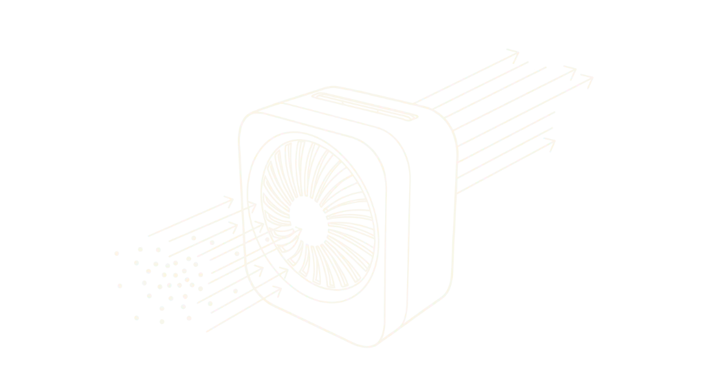 Line drawing of the same sampler pulling a stream of airborne particles in through its intake on one side and venting air out the other.