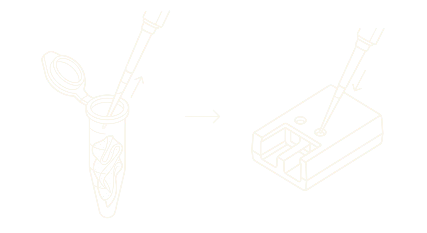 Line drawing of a pipette drawing liquid from a small tube and dispensing it into the port of a rectangular single-use test cartridge.