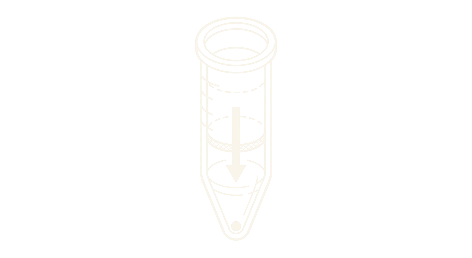 Line drawing of a sample tube with a large downward arrow showing the liquid level dropping to a smaller volume at the bottom.
