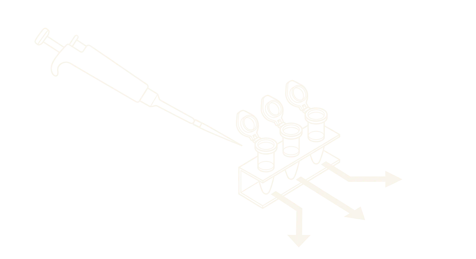 Line drawing of a pipette dispensing into a rack of three small tubes, with three arrows leading away from the rack in different directions.