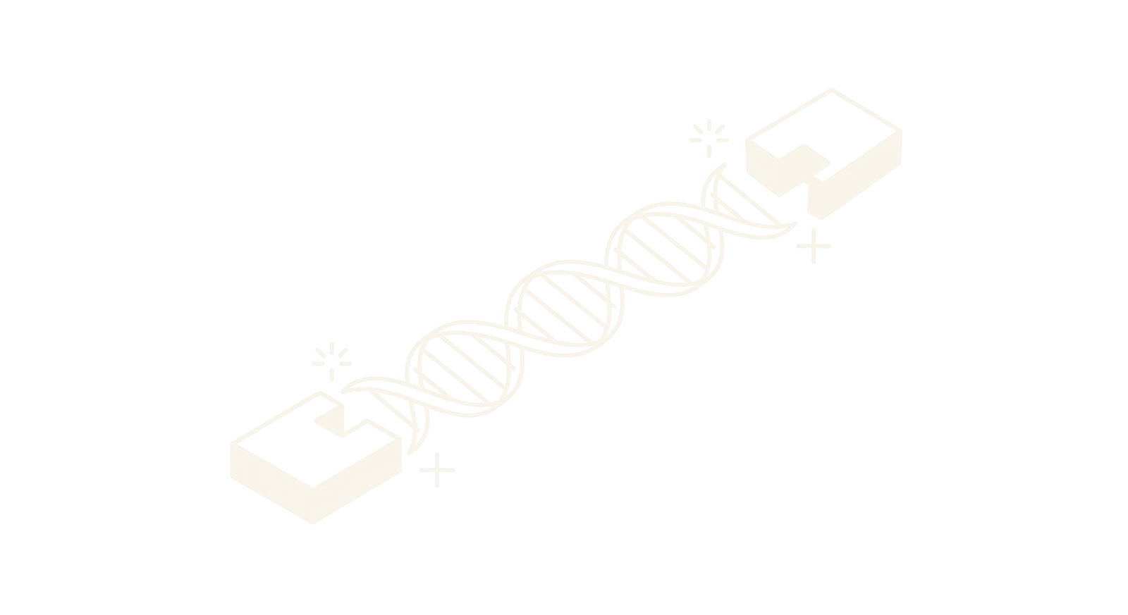 Line drawing of a DNA double helix with a notched molecular adapter tag clicking into place at each end.