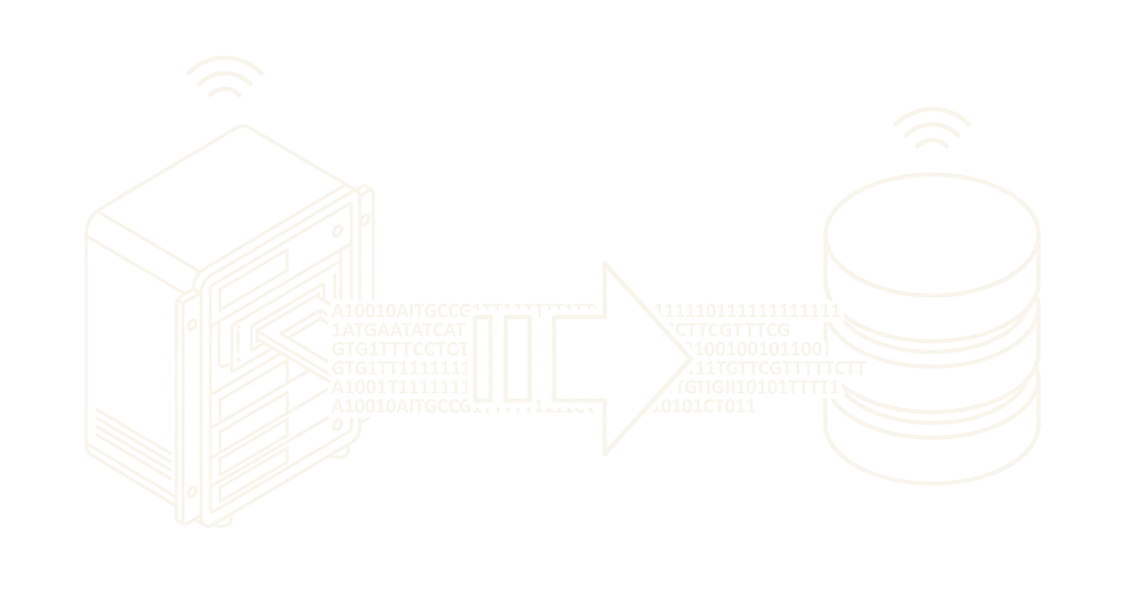 Line drawing of a server unit sending sequence data across a broad arrow into a stack of database discs.