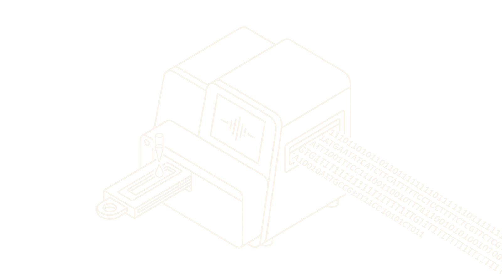 Line drawing of a benchtop sequencing instrument with a sample tube at its loading tray and a stream of sequence characters flowing out of its side.